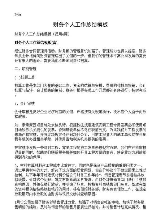 财务个人工作总结模板