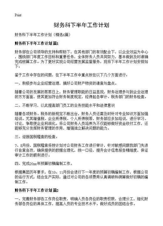 财务科下半年工作计划