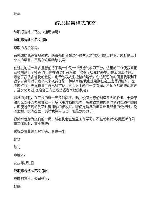 辞职报告格式范文