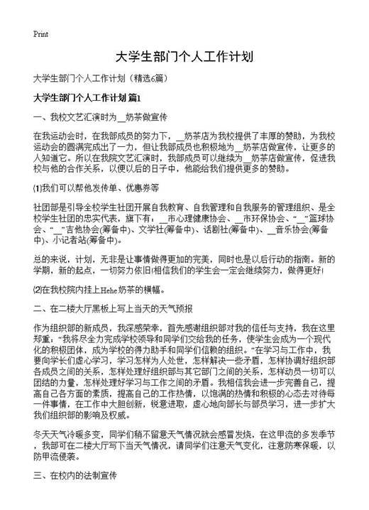 大学生部门个人工作计划