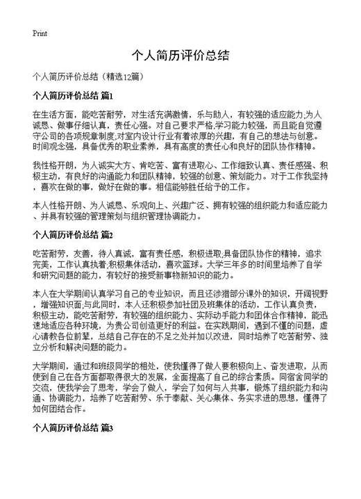 个人简历评价总结