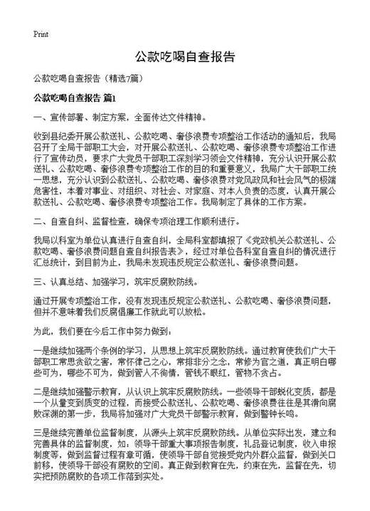 公款吃喝自查报告