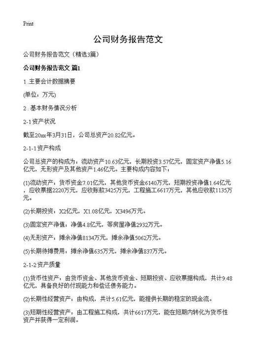 公司财务报告范文