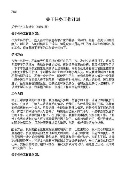 关于任务工作计划