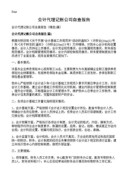 会计代理记账公司自查报告