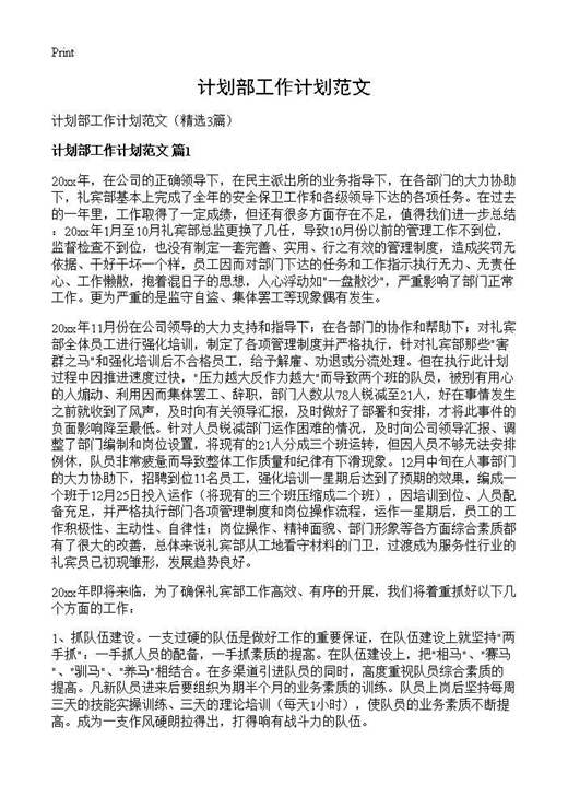 计划部工作计划范文