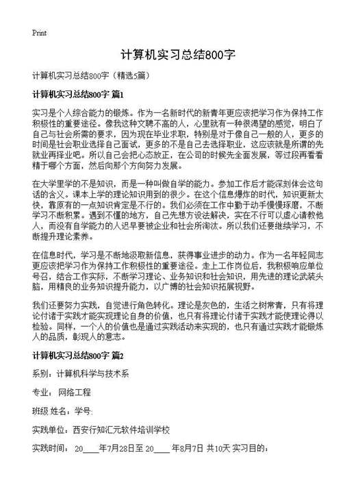 计算机实习总结800字